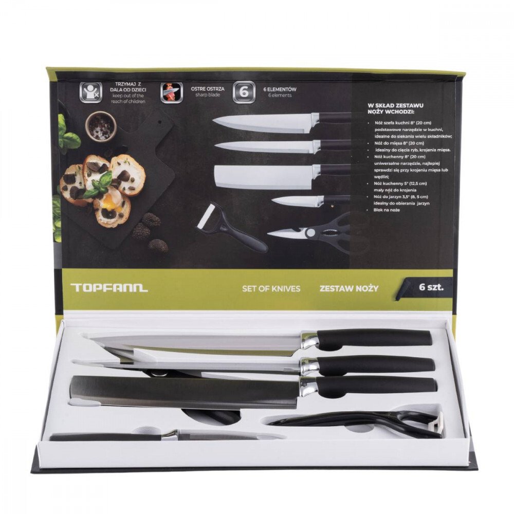 Akcesoria kuchenne zestaw noży 7 elementów z obieraczką i nożyczkami kuchennymi zestaw noży czarny stal nierdzewna