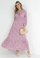 Sukienki - Fuksjowa Sukienka z Falbanką przy Dekolcie i Szeroką Gumką w Pasie Liyne - miniaturka - grafika 1