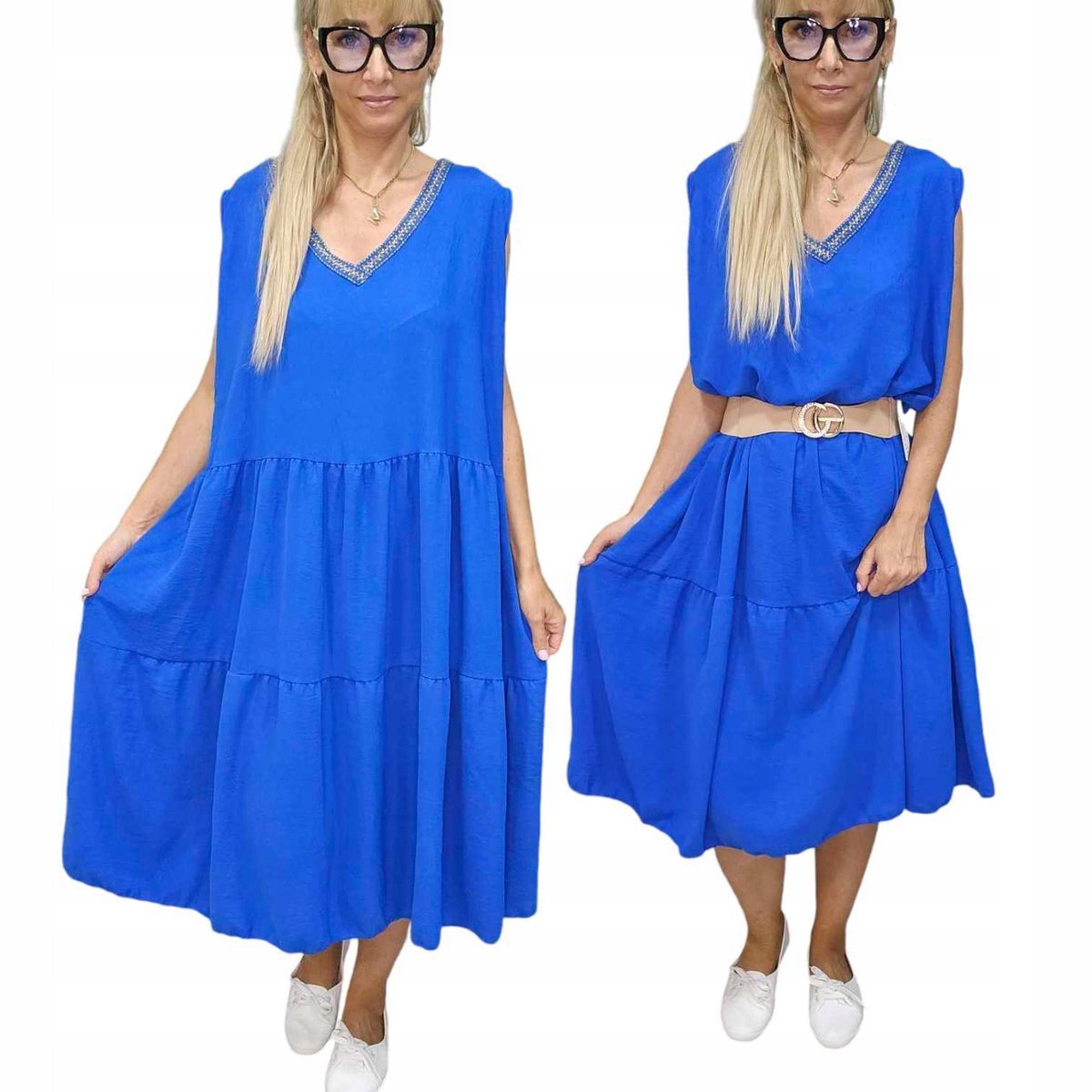 Elegancka Sukienka Midi Bez Rękawków Falbana Złoty Haft v 54 56 7xl 8xl