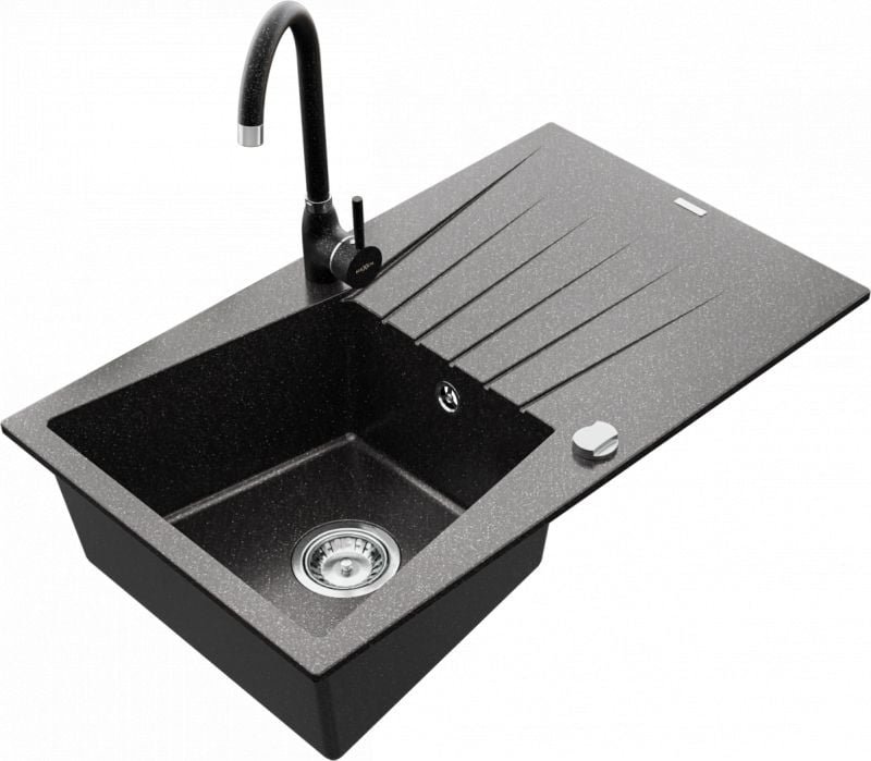 Mexen Zlewozmywak  Cesar granitowy 1-komorowy z ociekaczem i baterią kuchenną Telma, czarny nakrapiany - 6514-76-670200-76