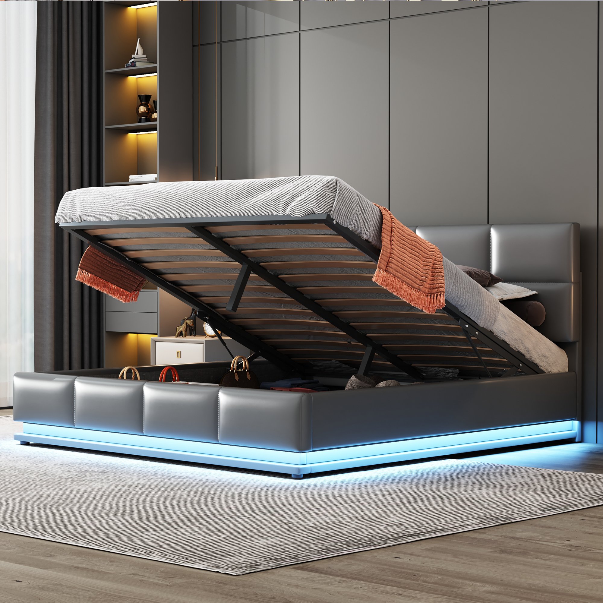 Łóżko tapicerowane Merax 160x200cm z podstawą łóżka i LED, zagłówkiem o regulowanej wysokości i hydraulicznym schowkiem, łóżko podwójne z imitacji skóry, szare