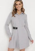 Sukienki - Jasnoszara Sukienka Koszulowa z Plisowanym Asymetrycznym Dołem z Paskiem Vattea - miniaturka - grafika 1