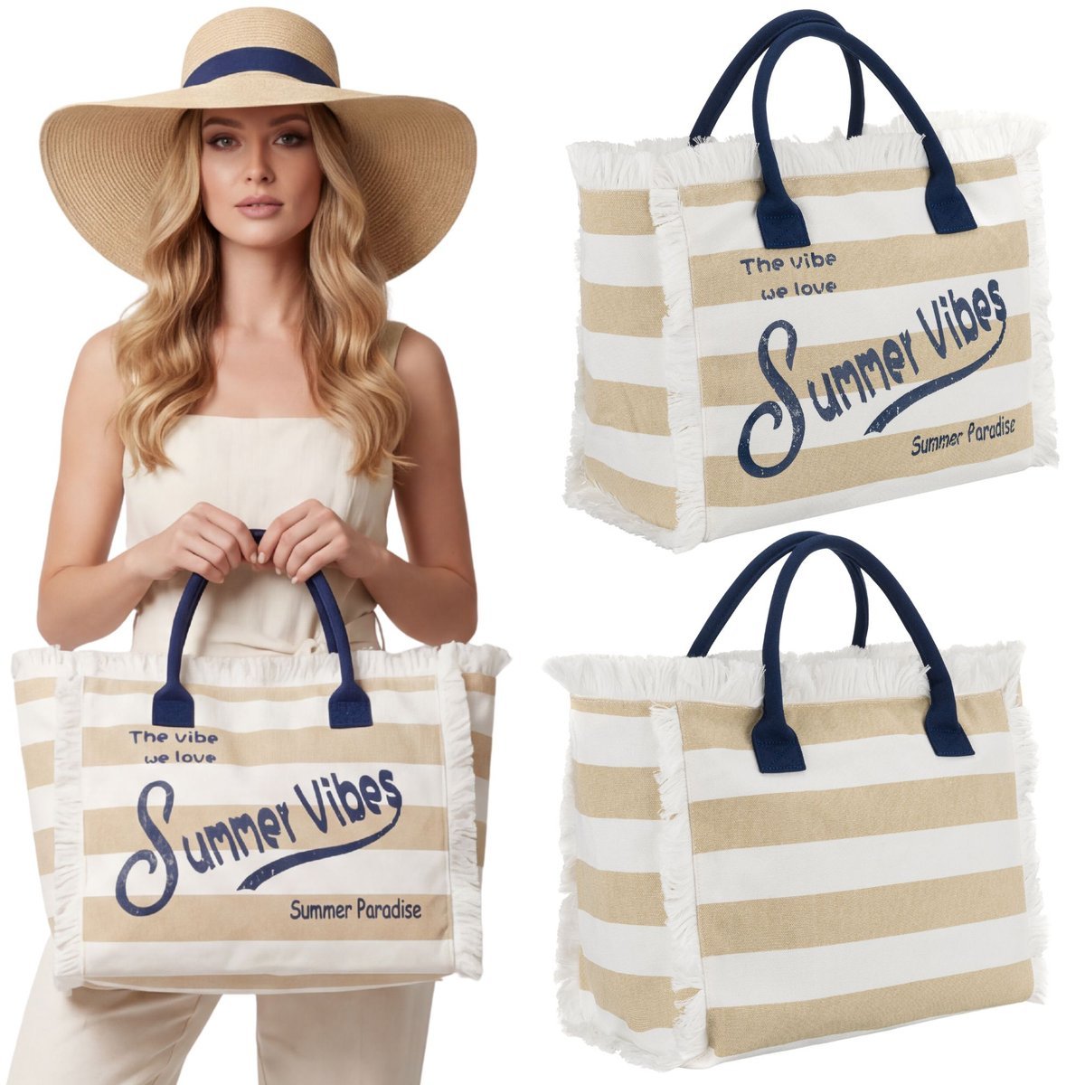 Torba plażowa duża modna na suwak paski biało - beżowa Peterson kieszonki shopper bag frędzle