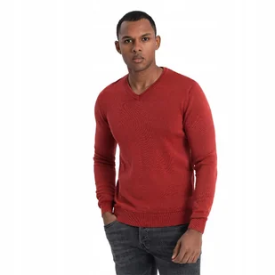 Sweter męski washowany z dekoltem w serek czerwony V3 OM-SWOS-0108 M - Swetry męskie - miniaturka - grafika 1