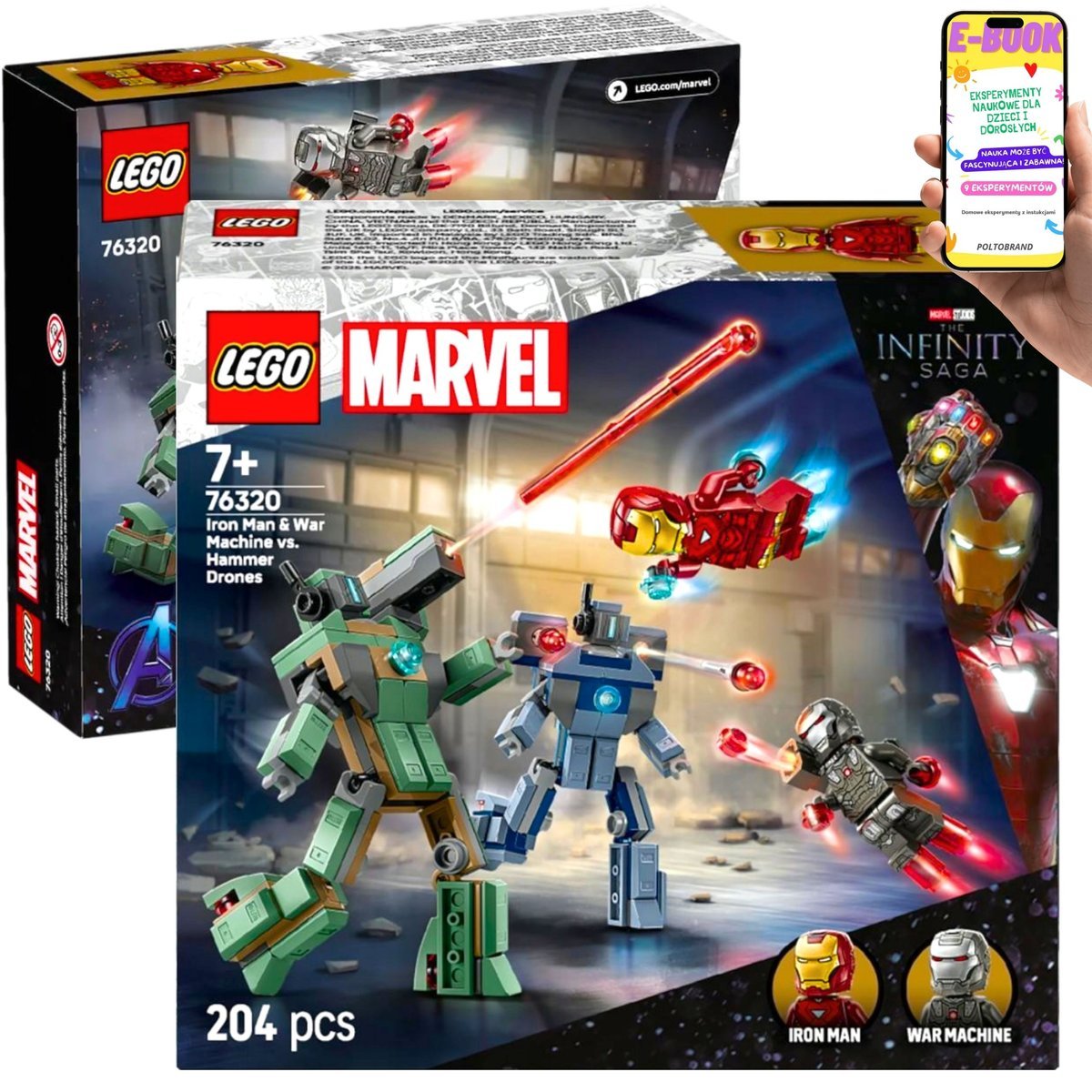 LEGO DLA CHŁOPCA MARVEL IRON MAN & WAR MACHINE kontra DRONY HAMMERA (76320) Bitwa Bohaterów Lego Prezent Dla Wnuczka + EBOOK