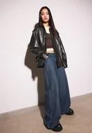 Kurtki damskie - Stradivarius Kurtka biker oversize ze sztucznej skóry Brązowy L - miniaturka - grafika 1