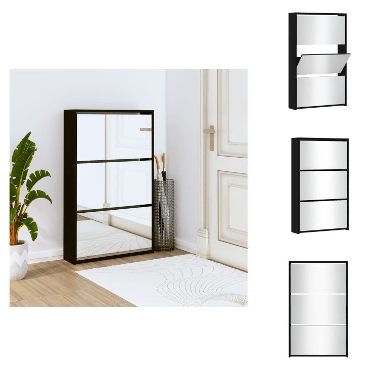 vidaXL Szafka na buty z lustrem 3 przegrody czarna 63x17x102,5 cm - Półki i szafki na buty