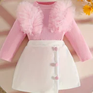 Sukienki i spódniczki dla dziewczynek - TEMU Domestyczna Koszulka z Długim Rękawem w Koronkę i Dekoracyjnymi Guzikami + Półspódniczką, Idealna na Jesień/Wczesną Zimę – do Aktywności na - miniaturka - grafika 1