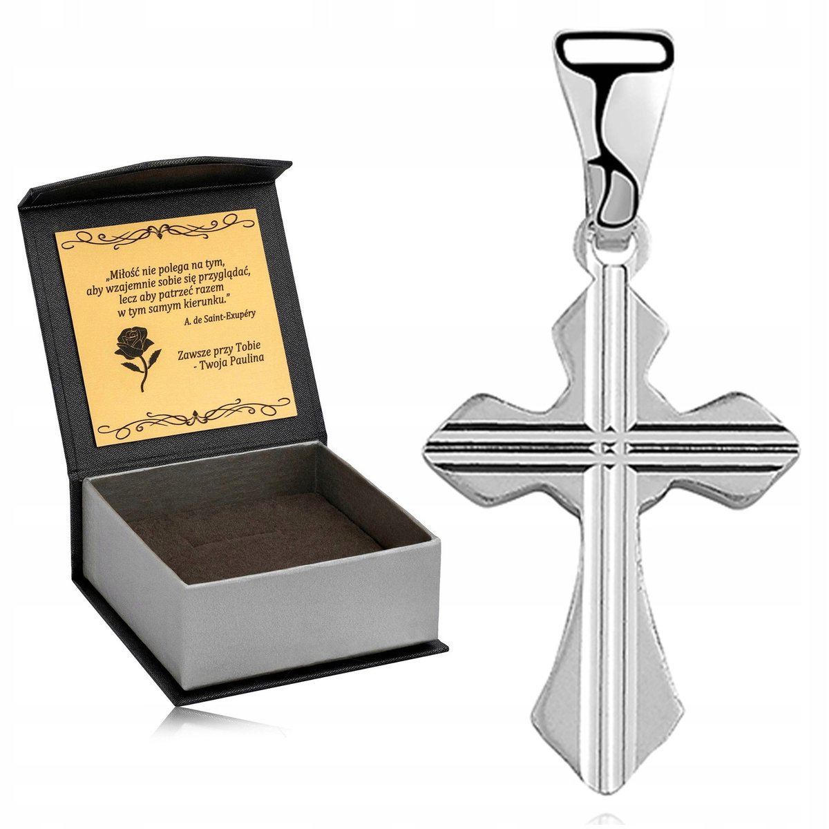 PIĘKNY SREBRNY RODOWANY KRZYŻYK DIAMENTOWANY 925 PREZENT DLA CHŁOPCA GRAWER