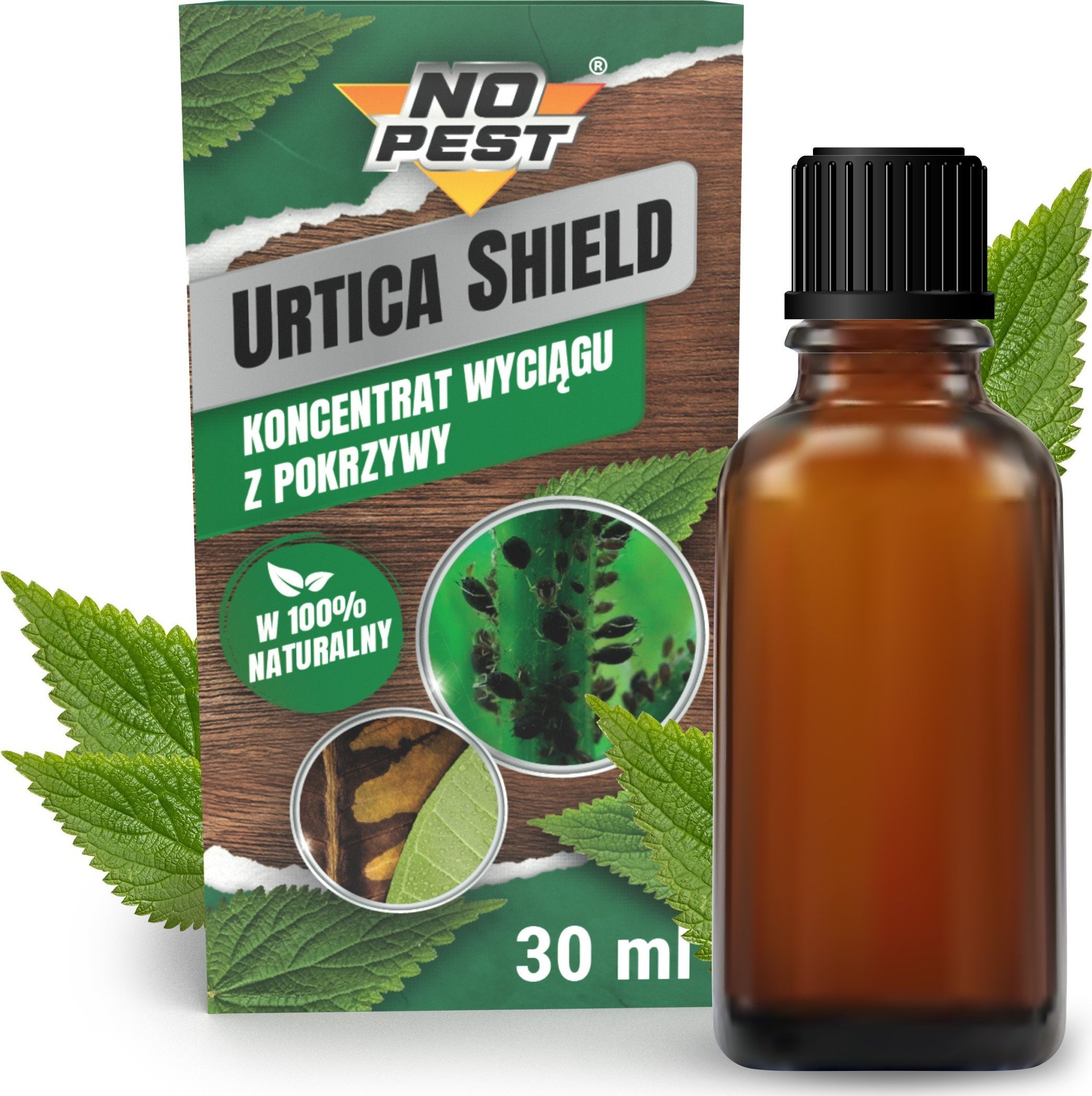 NO PEST Koncentrat Wyciągu z Pokrzywy 30ml Naturalny Środek Płyn Preparat na Mszyce Ćmę Bukszpanową Środek do Poprawy Zdrowia i Rozwoju Roślin Urtica Shield
