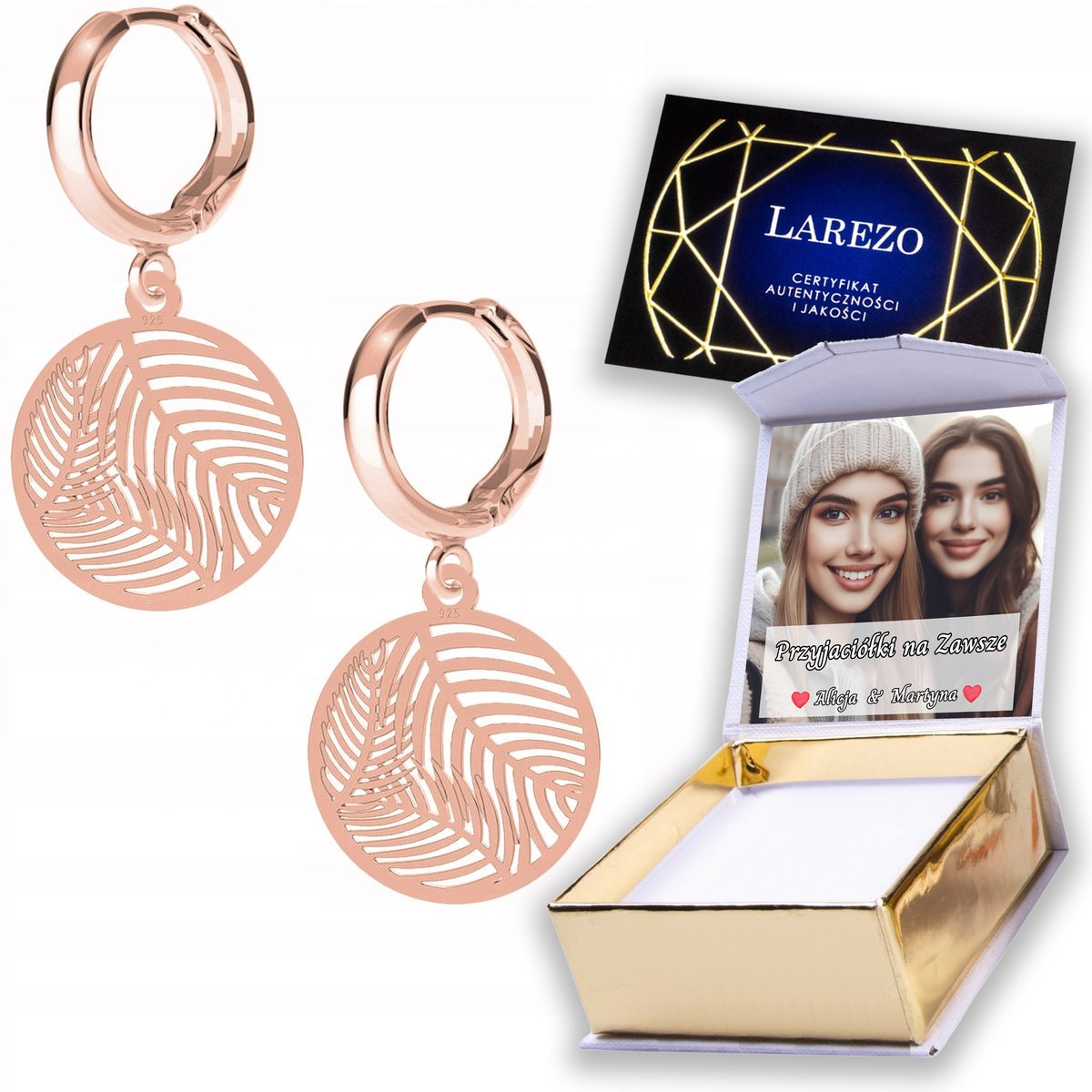 Kolczyki Pozłacane 925 Okrągłe Blaszki z Liśćmi Palmy Liść Palma NADRUK