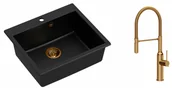 Zlewozmywaki z baterią - Quadron Zlewozmywak granitowy jednokomorowy 57*50*22 cm MORGAN 110 PURE CARBON czarny z miedzianym odpływem z baterią MARILYN Q LINE z ruchomą wylewką kolor miedziany - miniaturka - grafika 1
