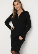 Sukienki - Czarna Sukienka z Bawełną i Wełną z Kołnierzykiem na Suwak Tereithra - miniaturka - grafika 1