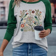 Bluzki damskie - TEMU Damska Casualowa Koszulka z Długim Rękawem Raglan - Ciemnoszary Botaniczny Nadruk z Ptakami i Kwiatami (Tukan, ) - Oliwkowa/Szara Bluzka z - miniaturka - grafika 1