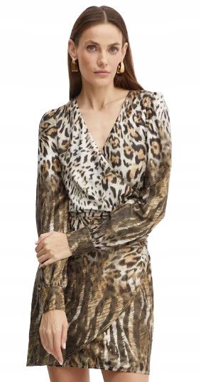 GUESS SUKIENKA MINI Z DŁUGIM RĘKAWEM W PANTERKĘ ZAMEK S GNA