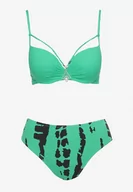 Stroje kąpielowe - Zielono-Czarne Bikini Biustonosz z Regulowanymi Ramiączkami Majtki z Wysokim Stanem Kloella - miniaturka - grafika 1