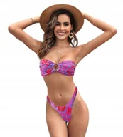 Stroje kąpielowe - Dwuczęściowy Strój Kąpielowy Bandeau Kwiatki Bez Ramiączek Fiolet M - miniaturka - grafika 1