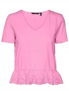 Bluzki damskie - VERO MODA BLUZKA BAWEŁNIANA Z AŻUROWĄ FALBANĄ RÓŻOWA S J5E - miniaturka - grafika 1