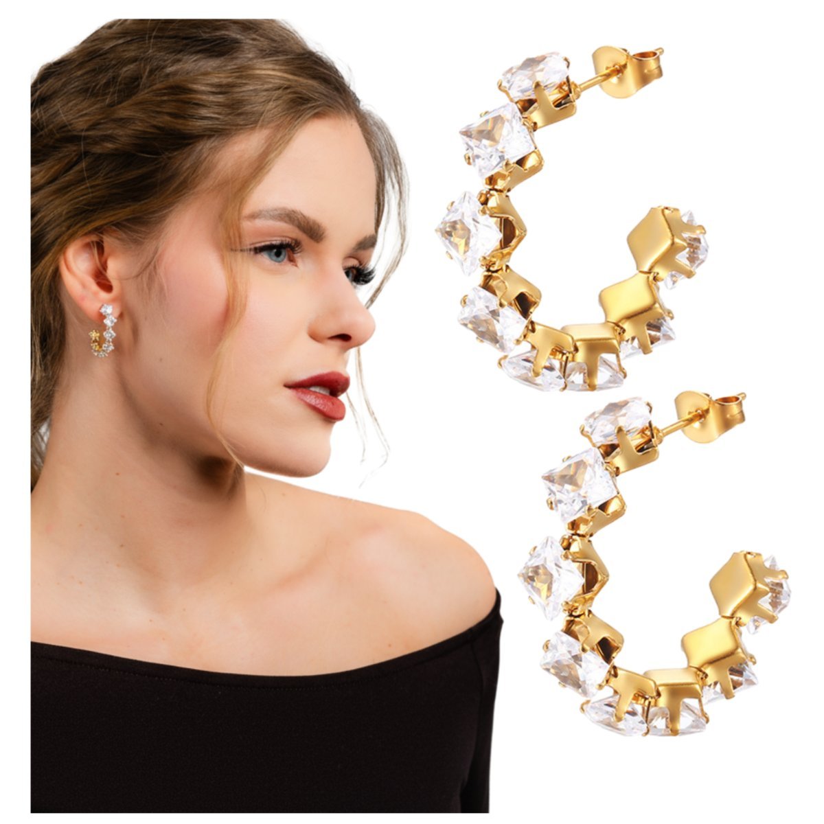 Kolczyki Sztyfty Złote z Cyrkoniami ze Stali Chirurgicznej 316L Pozłacane