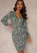 Sukienki - Zielona Wzorzysta Sukienka Mini z Głębokim Dekoltem i Mankietami Leossa - miniaturka - grafika 1