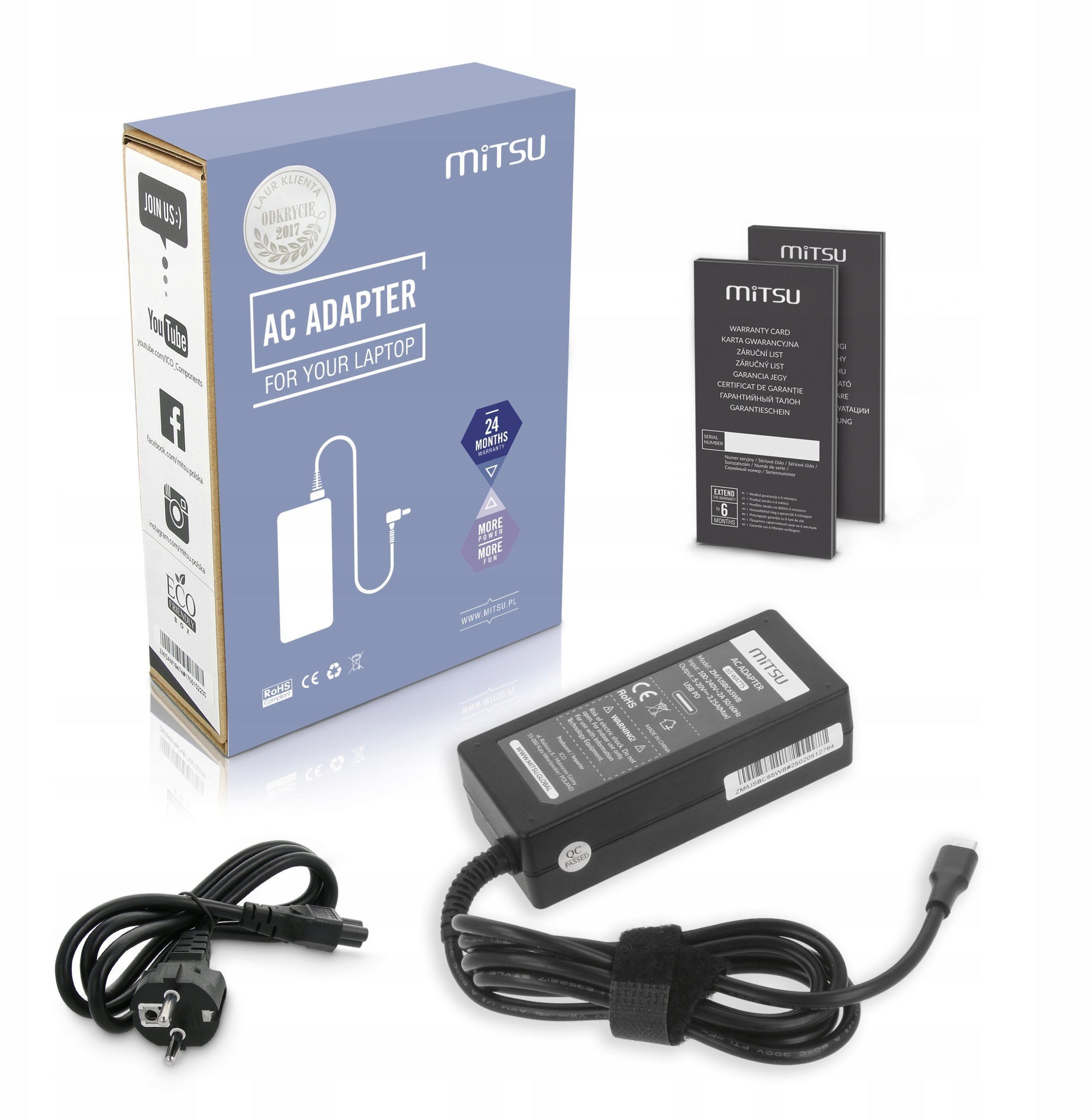Zasilacz sieciowy Mitsu 65W USB-C, USBC, 5-20V, 3-3.25A black do notebooka