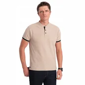 Koszulki męskie - Koszulka męska polo bez kołnierzyka beżowa V5 OM-TSCT-0156 XXL - miniaturka - grafika 1