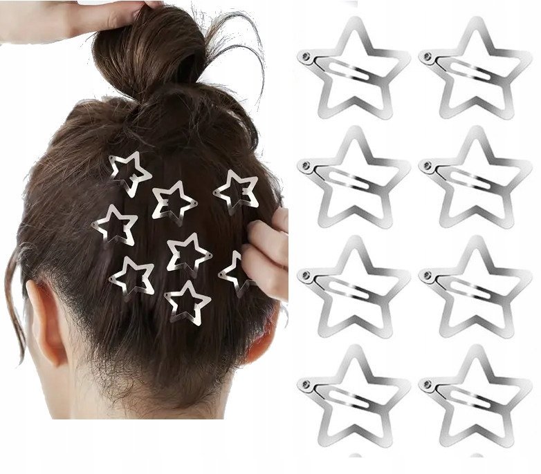 Modne Spinki do Włosów Gwiazdki Metalowe Y2k Zestaw 8 Sztuk Srebrne
