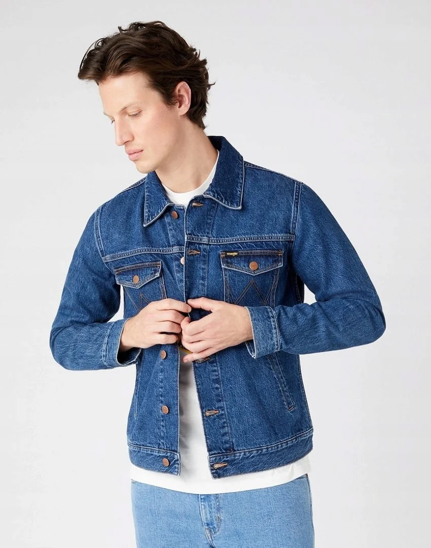 Męska kurtka WRANGLER REGULAR JACKET RIVER STONE W443LH53N M jeansowa niebieski bawełna