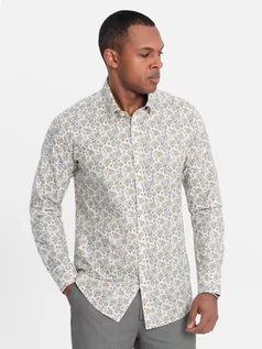 Koszule męskie - Męska koszula SLIM FIT we wzór florystyczny - beżowa V2 OM-SHPS-0139 - grafika 1