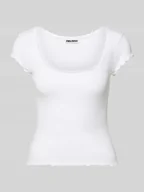 Koszulki i topy damskie - damski t-shirt o kroju slim fit z mieszanka wiskozy z obszycie koronką - miniaturka - grafika 1