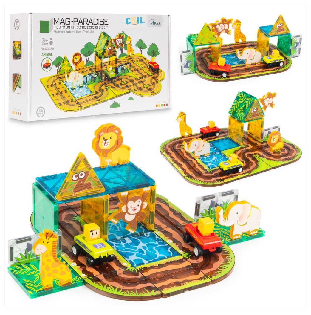 COIL Klocki magnetyczne zestaw dla dzieci 45 EL.elementów zwierzęta auta