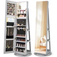 Szafki łazienkowe - Szafka na Biżuterię Obracająca się o 360º z Dużym Lustrem, Stojące Lustro na Biżuterię z Miejscem do Przechowywania, Oświetlenie LED, 3 Regały (Szare) - miniaturka - grafika 1