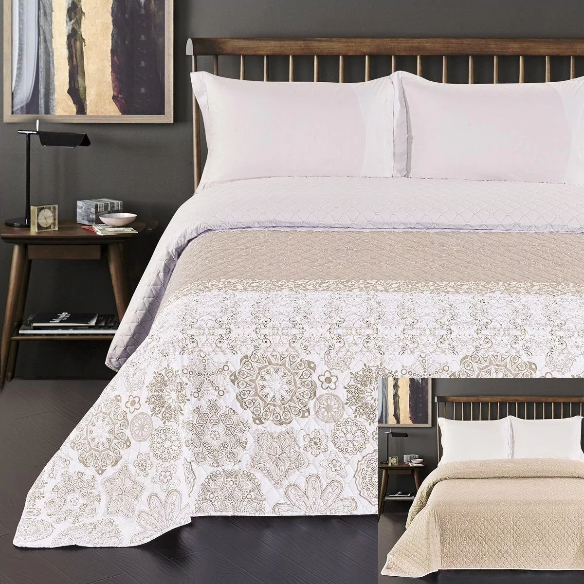 DecoKing narzuta na łóżko, beżowa, biała, cappuccino, z abstrakcyjnym wzorem, dwustronna, łatwa w utrzymaniu, Alhambra, 260x280 chon/alhambra6