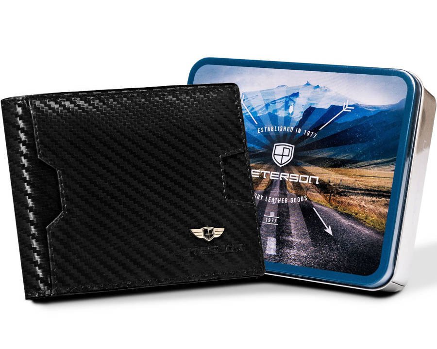 Portfel męski Peterson ze skóry naturalnej carbon czarny ochrona RFID STOP
