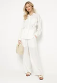 Komplety damskie - Biały Komplet z Wiskozą Koszula Ściągana w Talii i Szerokie Spodnie Divellara - miniaturka - grafika 1