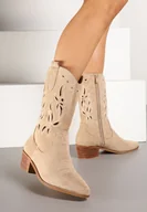 Botki damskie - Beżowe Ażurowe Botki Vices na Obcasie w Stylu Kowbojek Helori - miniaturka - grafika 1