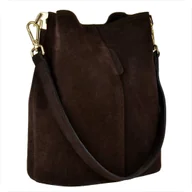 Plecaki worki - Torebka ze skóry naturalnej zamszowej worek brąz czekolada złote okucia - miniaturka - grafika 1