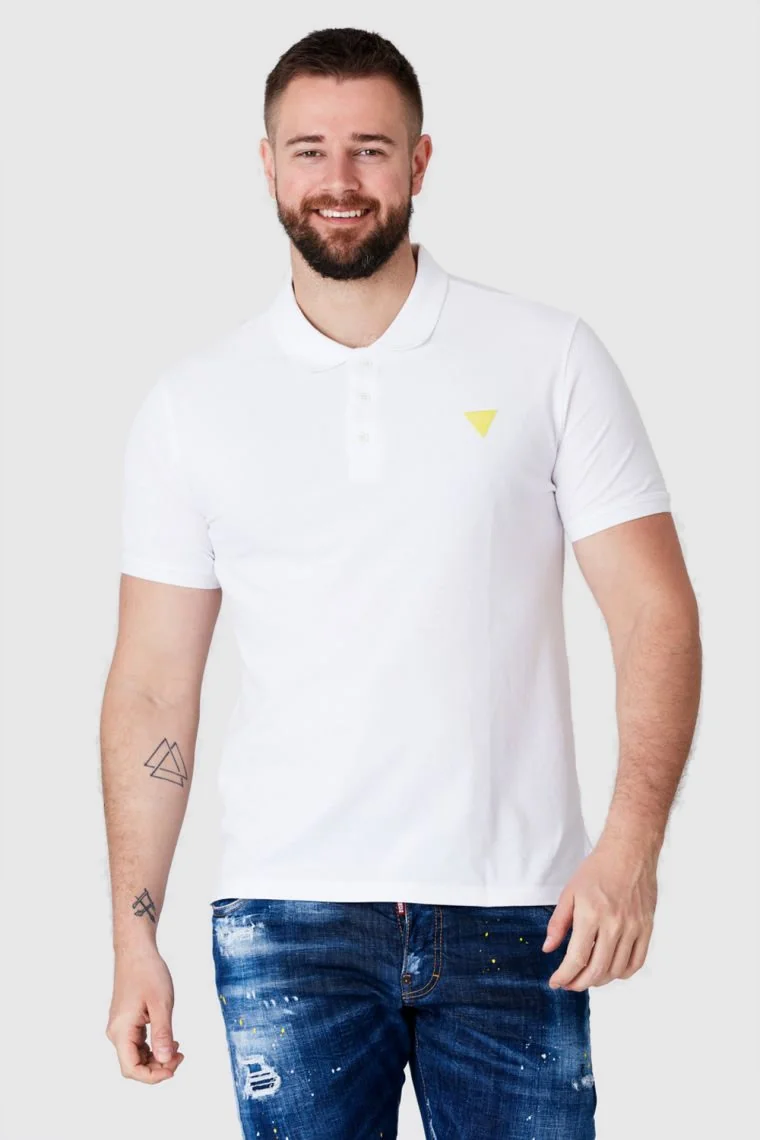 GUESS Biała męska koszulka polo z żółtym logo XL