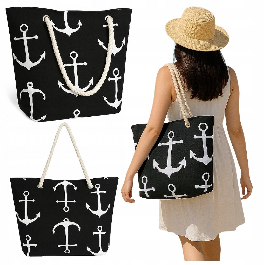 DUŻA TORBA PLAŻOWA MATERIAŁOWA - SKŁADANA - ODPORNA NA PIASEK - Z ZAMKIEM