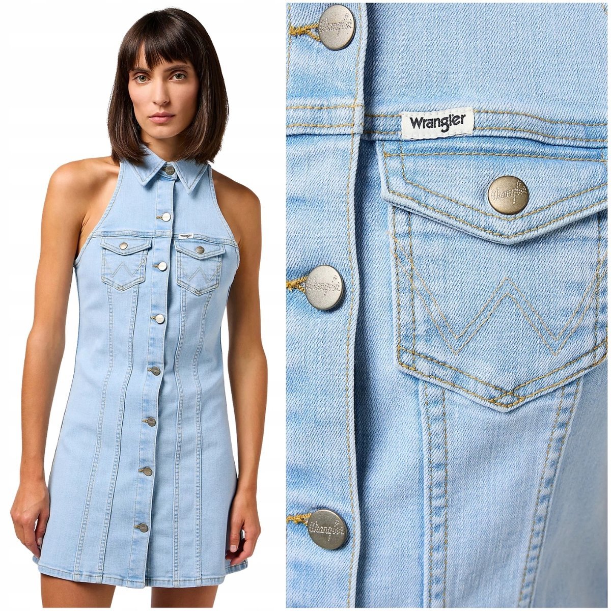 Wrangler DENIM COLLARED DRESS Sunbleach sukienka jeansowa bez rękawów XS