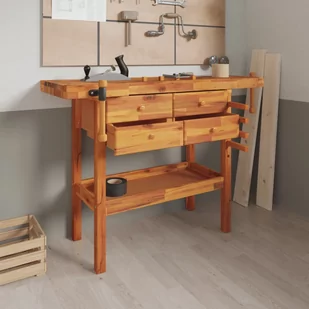 vidaXL Stolik roboczy z szufladami i imadłami, 124x52x83 cm, akacjowy - Stoły warsztatowe - miniaturka - grafika 1