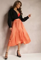 Spódnice - Pomarańczowa Plisowana Spódnica Rozkloszowana z Paskiem z Satyny i Klamerką Abellema - miniaturka - grafika 1