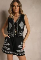 Spodenki damskie - Czarne Szorty High Waist z Bawełny Zdobione Haftem Filianira - miniaturka - grafika 1