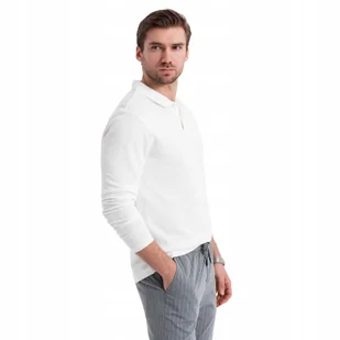 Longsleeve męski basic z kołnierzykiem polo biały Ombre OM-POBL-0114 V1 S - Koszulki męskie - miniaturka - grafika 1