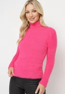 Swetry damskie - Fuksjowy Elastyczny Golf z Wełną i Ściągaczami Ozdobiony Długim Włosem Alussone - miniaturka - grafika 1