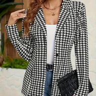 Kurtki damskie - TEMU Damski kardigan z długim rękawem w kolorze - moda na jesień i wiosnę, zapinany na guziki z kieszeniami, stylowy czarno-biały wzór w kratę, - miniaturka - grafika 1
