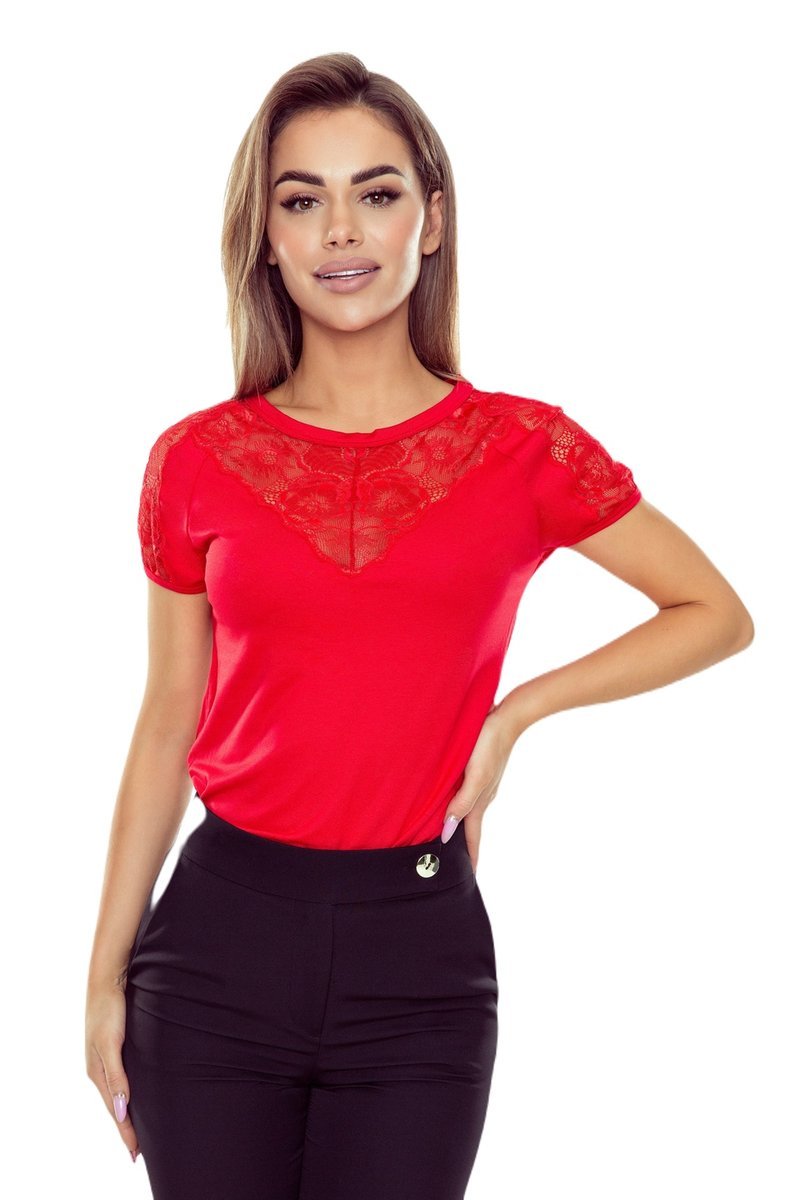 Elegancka bluzka z koronkowymi detalami na ramionach i dekolcie Cyryla czerwona XL