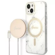 Etui i futerały do telefonów - Guess Zestaw GUBPP14MHMEACSH Case+ Charger iPhone 14 Plus 6,7" biały/white hard case Marble MagSafe - miniaturka - grafika 1