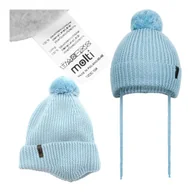 Czapki dla dzieci - CZAPKA DZIECIĘCA wiązana MERINO ciepła na zimę z polarem pomponem 46-48 - miniaturka - grafika 1