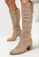 Kozaki damskie - Beżowe Kozaki z Imitacji Zamszu na Słupku z Delikatnym Marszczeniem Shinafer - miniaturka - grafika 1